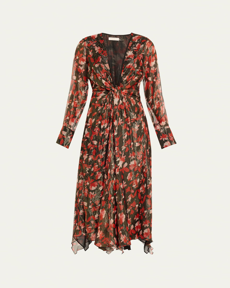 Tatia Plunging Long-Sleeve Midi Dress